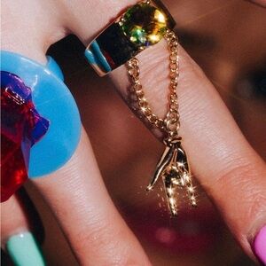 NWT Feed Me Gems Gold Chain Ring with Dangling Hand Charm Women Jewelry